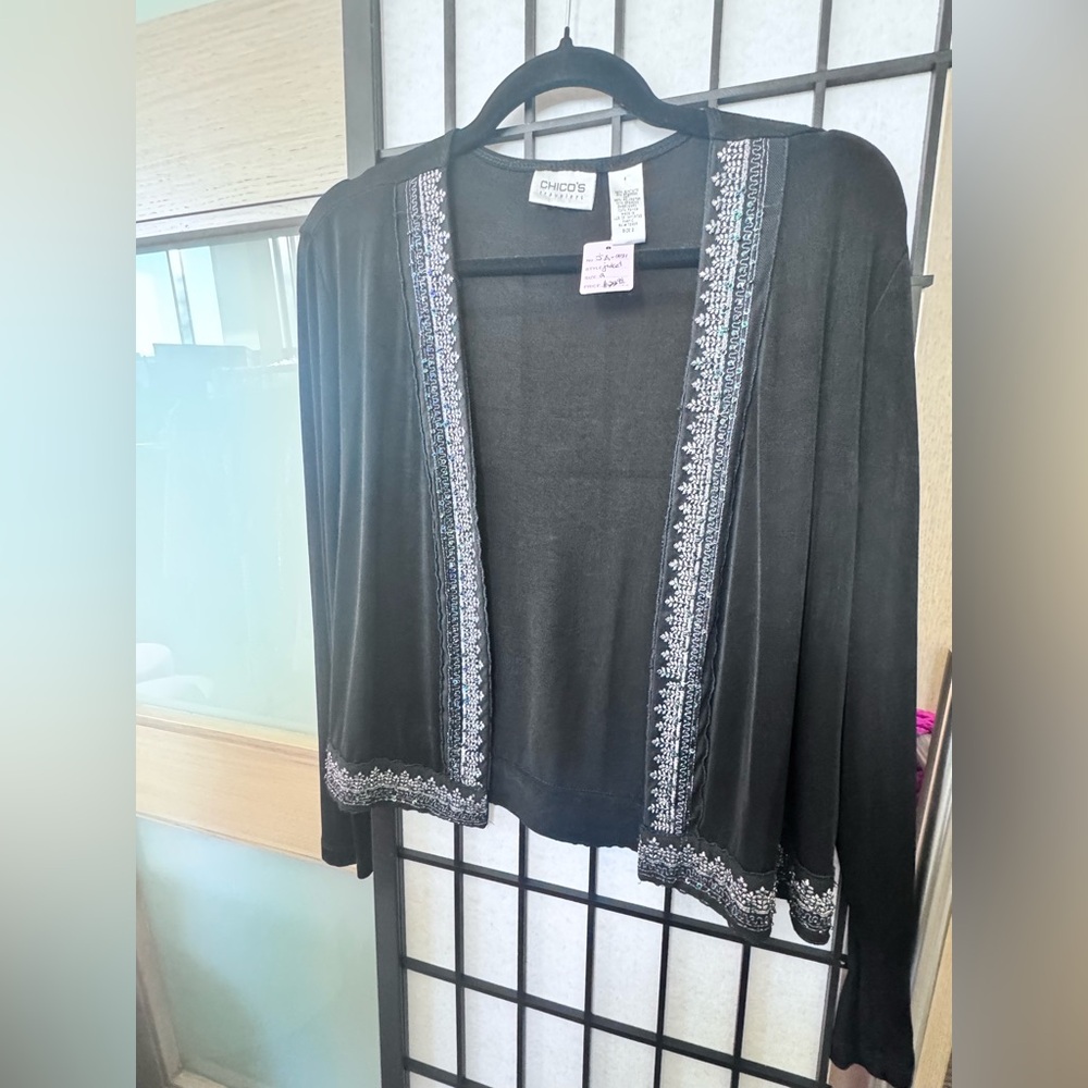 Chico's Elegant Black Cardigan with Silver Accents